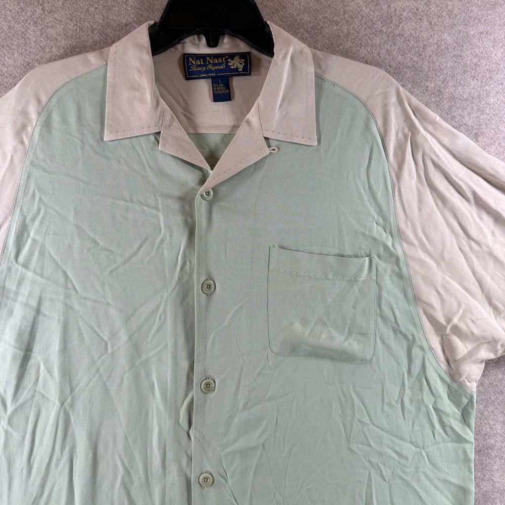 Nat Nast Luxury Originals Silk Button Up L Willow Green Wheat Camp Collar XDS24A
